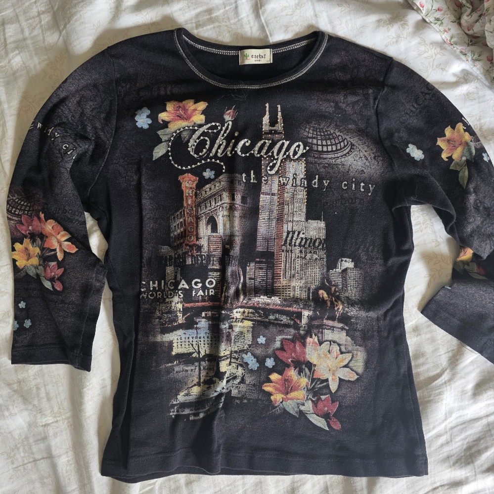 Y2K VINTAGE CACTUS Chicago Skyline & Floral Top (Small)